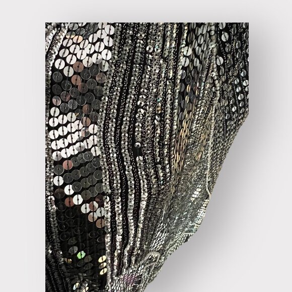 Vintage Sho Max Size S Silver Sequin Beaded Silk Long Sleeve Midi Disco Dress - Picture 7 of 12